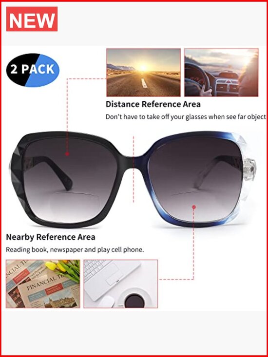 2 Pack Oversized Square Bifocal Sunglasses with Spring Hinge